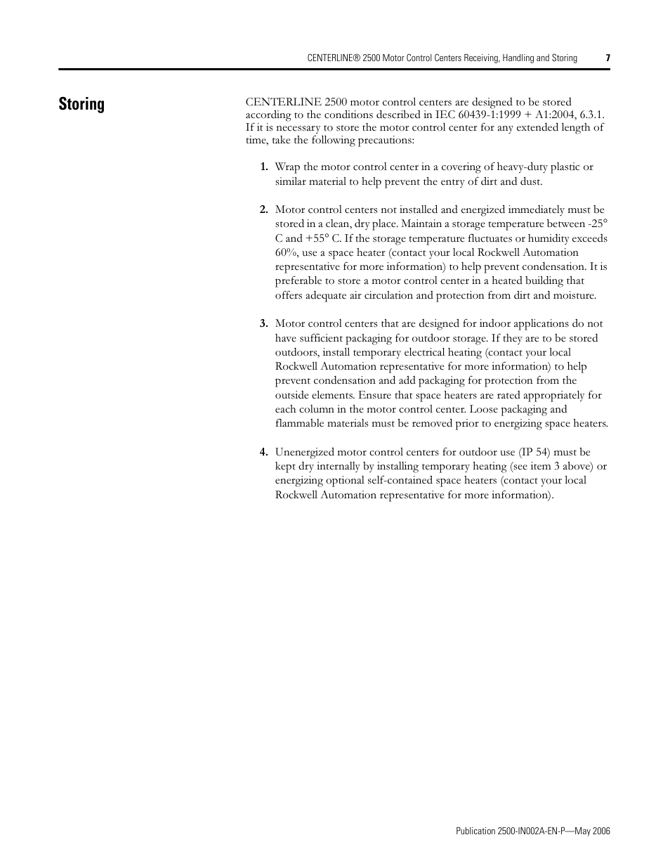 Storing | Rockwell Automation 2500 CENTERLINE MCC Shipping, Handling and Receiving Instructions User Manual | Page 7 / 8