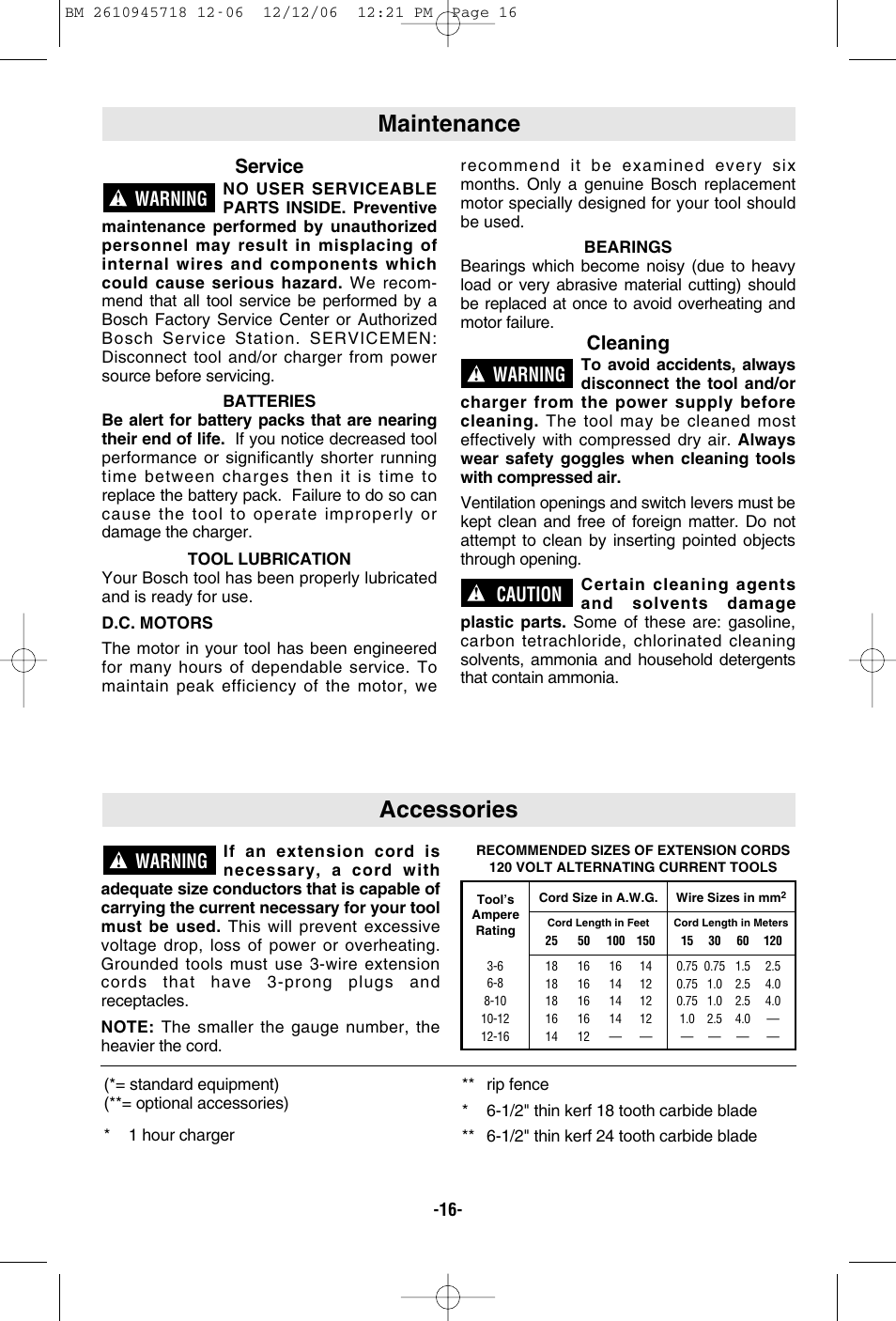 Accessories, Maintenance, Warning | Service, Cleaning, Caution | Bosch 1671 User Manual | Page 16 / 48