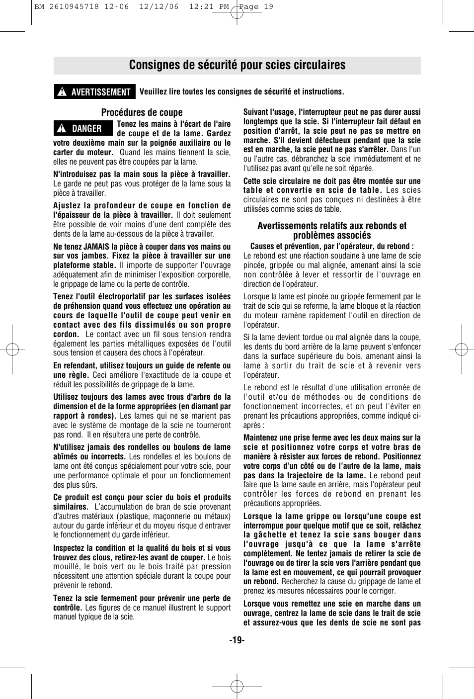 Consignes de sécurité pour scies circulaires | Bosch 1671 User Manual | Page 19 / 48