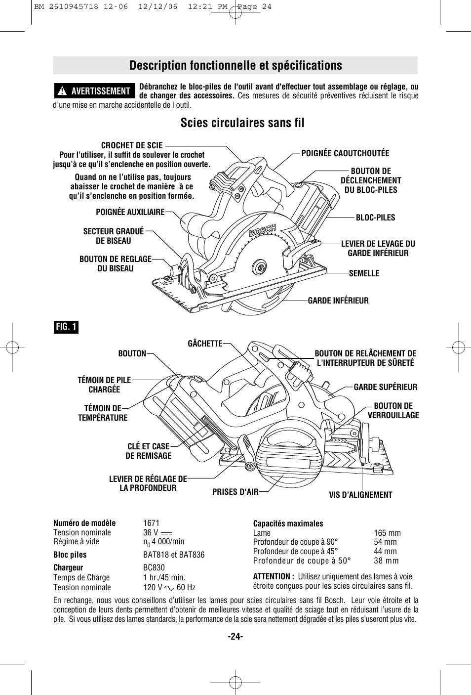 Description fonctionnelle et spécifications, Scies circulaires sans fil | Bosch 1671 User Manual | Page 24 / 48