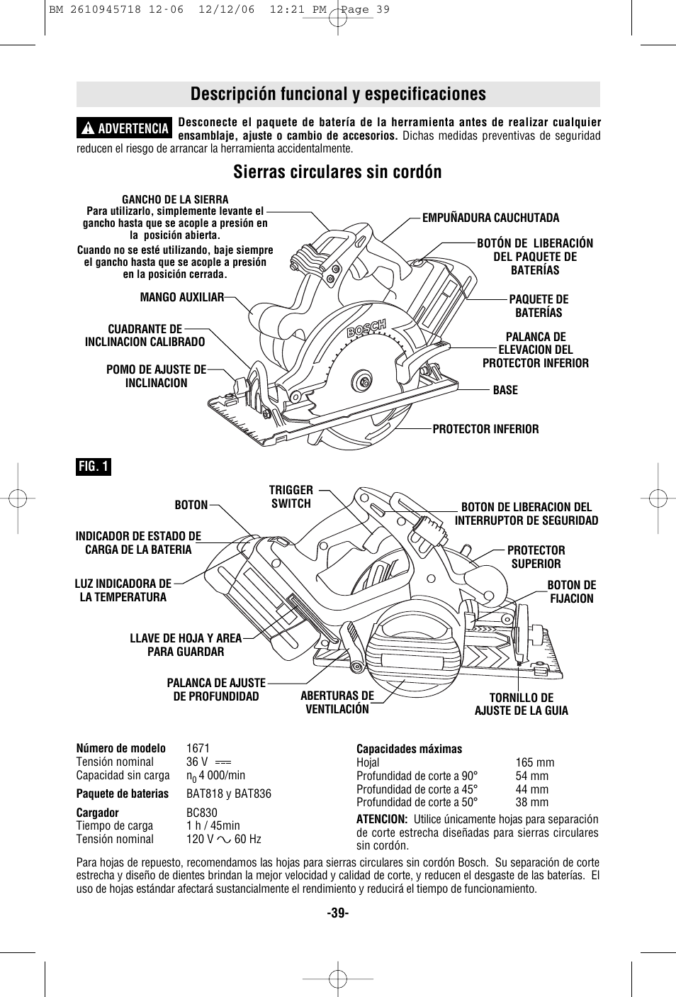 Descripción funcional y especificaciones, Sierras circulares sin cordón | Bosch 1671 User Manual | Page 39 / 48