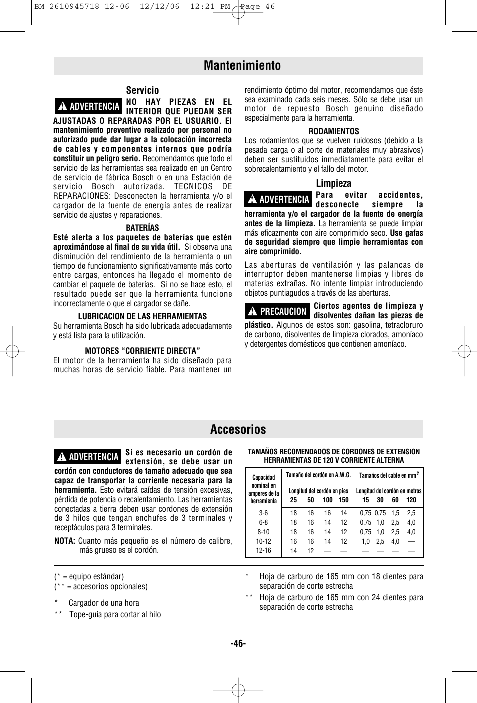 Accesorios, Mantenimiento, Servicio | Limpieza | Bosch 1671 User Manual | Page 46 / 48