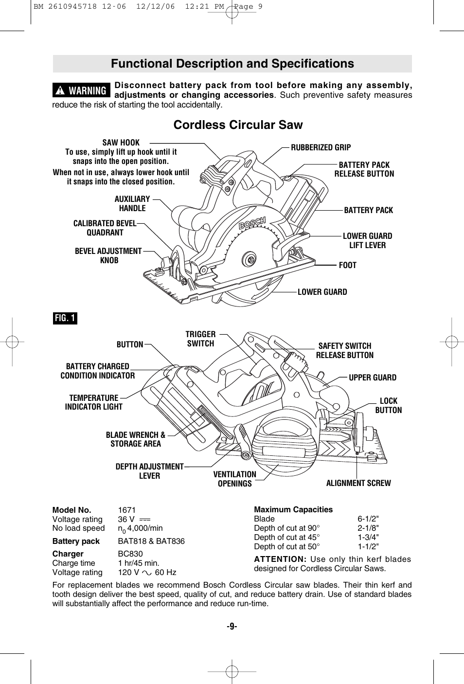 Functional description and specifications, Cordless circular saw, Warning | Bosch 1671 User Manual | Page 9 / 48