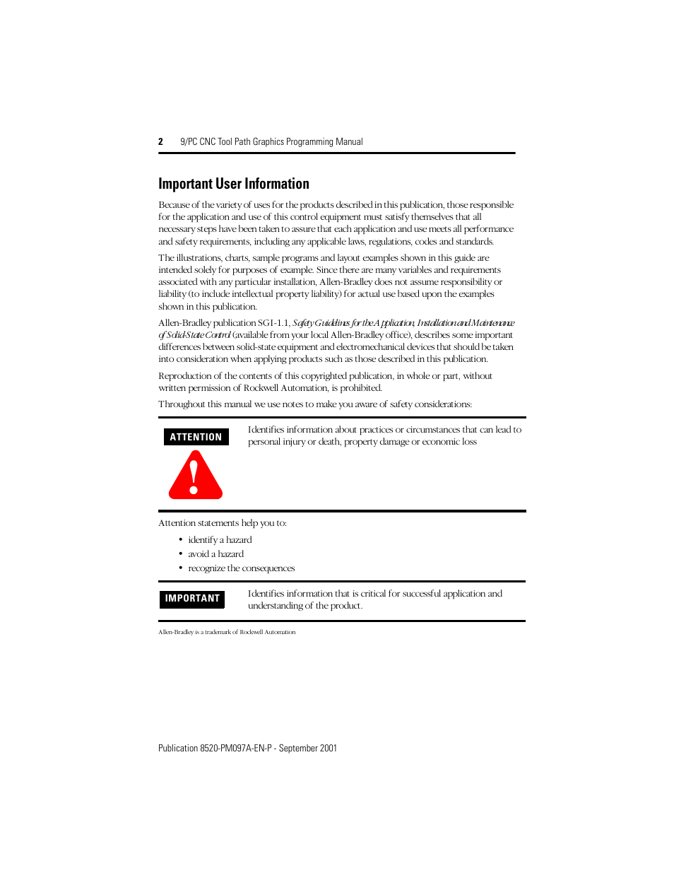 Important user information | Rockwell Automation 8520 9/PC CNC Tool Path Graphics Programming Manual User Manual | Page 2 / 24