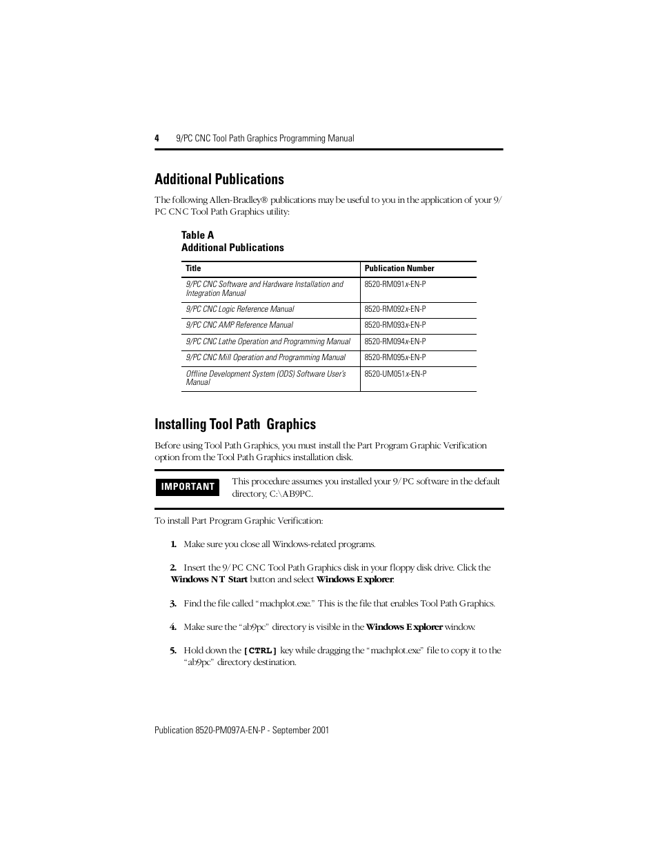 Additional publications, Installing tool path graphics | Rockwell Automation 8520 9/PC CNC Tool Path Graphics Programming Manual User Manual | Page 4 / 24
