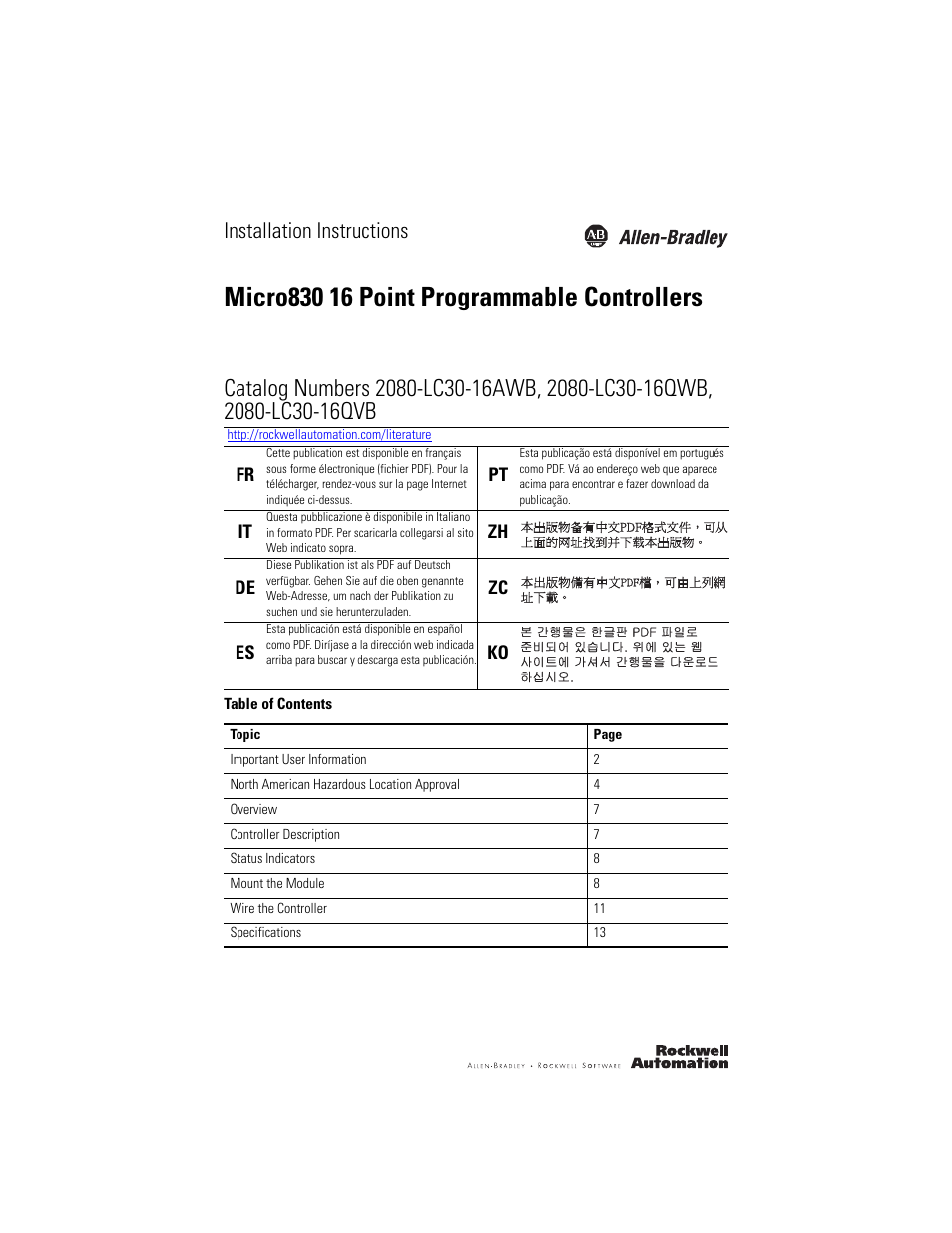 Rockwell Automation 2080-LC30-16AWB_16QWB_16QVB Micro830 16 Point Programmable Controllers Installation Instructions User Manual | 20 pages