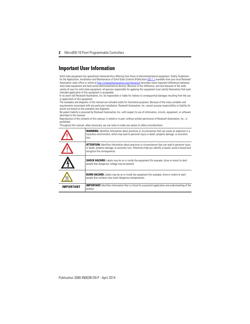 Important user information | Rockwell Automation 2080-LC30-16AWB_16QWB_16QVB Micro830 16 Point Programmable Controllers Installation Instructions User Manual | Page 2 / 20