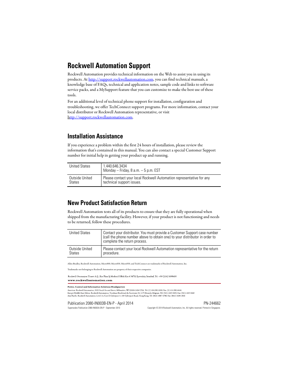 Back cover, Rockwell automation support, Installation assistance | New product satisfaction return | Rockwell Automation 2080-LC30-16AWB_16QWB_16QVB Micro830 16 Point Programmable Controllers Installation Instructions User Manual | Page 20 / 20