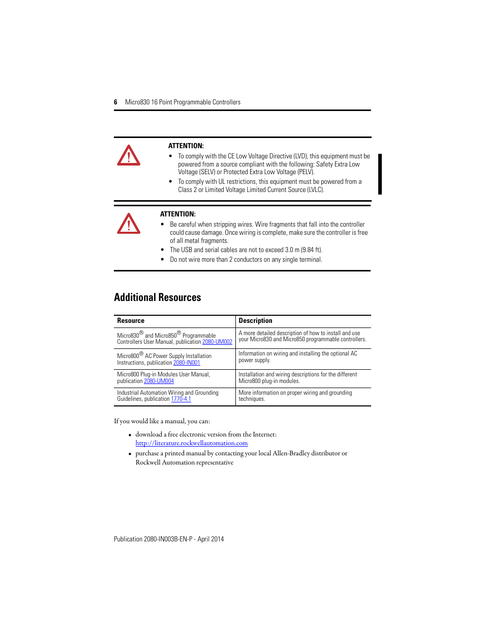 Additional resources | Rockwell Automation 2080-LC30-16AWB_16QWB_16QVB Micro830 16 Point Programmable Controllers Installation Instructions User Manual | Page 6 / 20