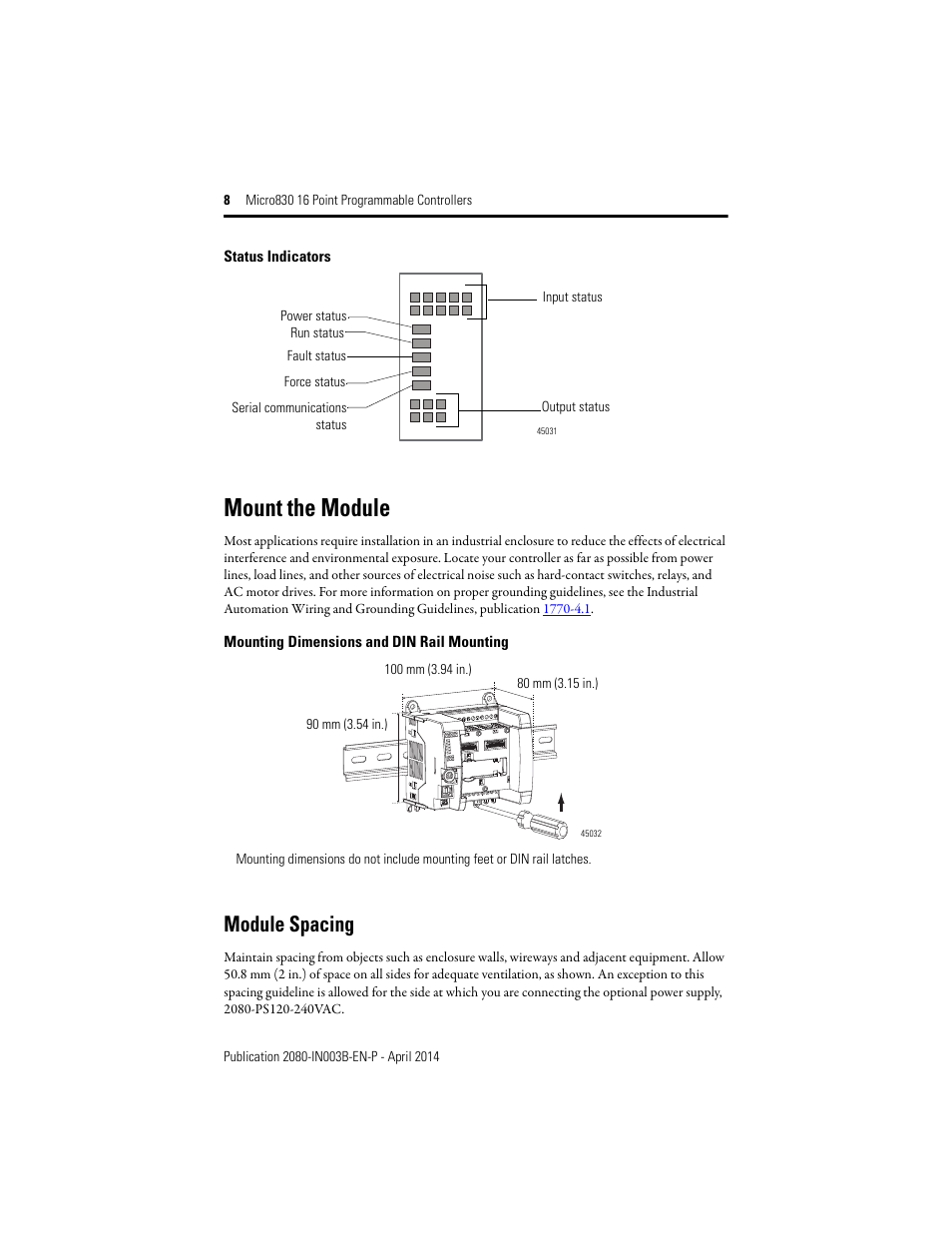 Mount the module, Module spacing, Status indicators | Rockwell Automation 2080-LC30-16AWB_16QWB_16QVB Micro830 16 Point Programmable Controllers Installation Instructions User Manual | Page 8 / 20