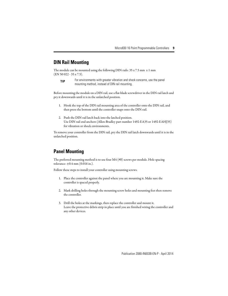 Din rail mounting, Panel mounting | Rockwell Automation 2080-LC30-16AWB_16QWB_16QVB Micro830 16 Point Programmable Controllers Installation Instructions User Manual | Page 9 / 20