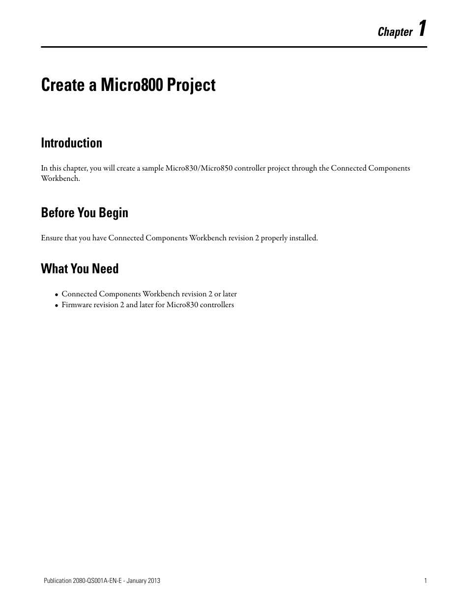 1 – create a micro800 project, Create a micro800 project, Introduction | Before you begin, What you need, Chapter 1, Introduction before you begin what you need | Rockwell Automation 2080-LC50 Getting Started with Motion Control Using a Simulated Axis User Manual | Page 11 / 82