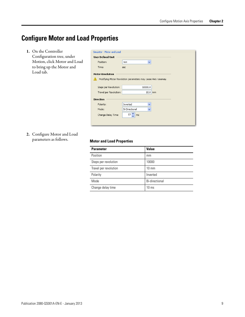 Configure motor and load properties, Configure motor and load parameters as follows | Rockwell Automation 2080-LC50 Getting Started with Motion Control Using a Simulated Axis User Manual | Page 19 / 82