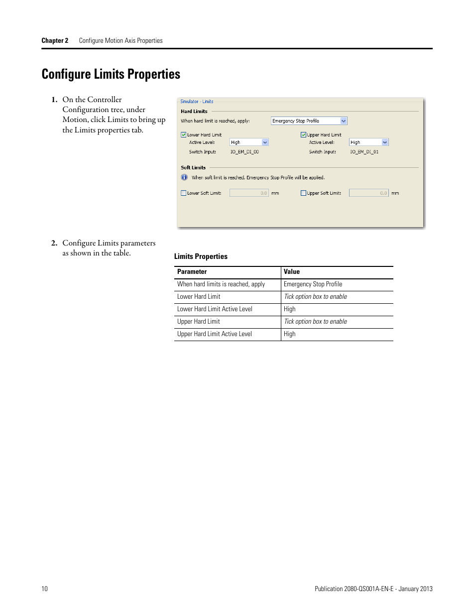 Configure limits properties, Configure limits parameters as shown in the table | Rockwell Automation 2080-LC50 Getting Started with Motion Control Using a Simulated Axis User Manual | Page 20 / 82