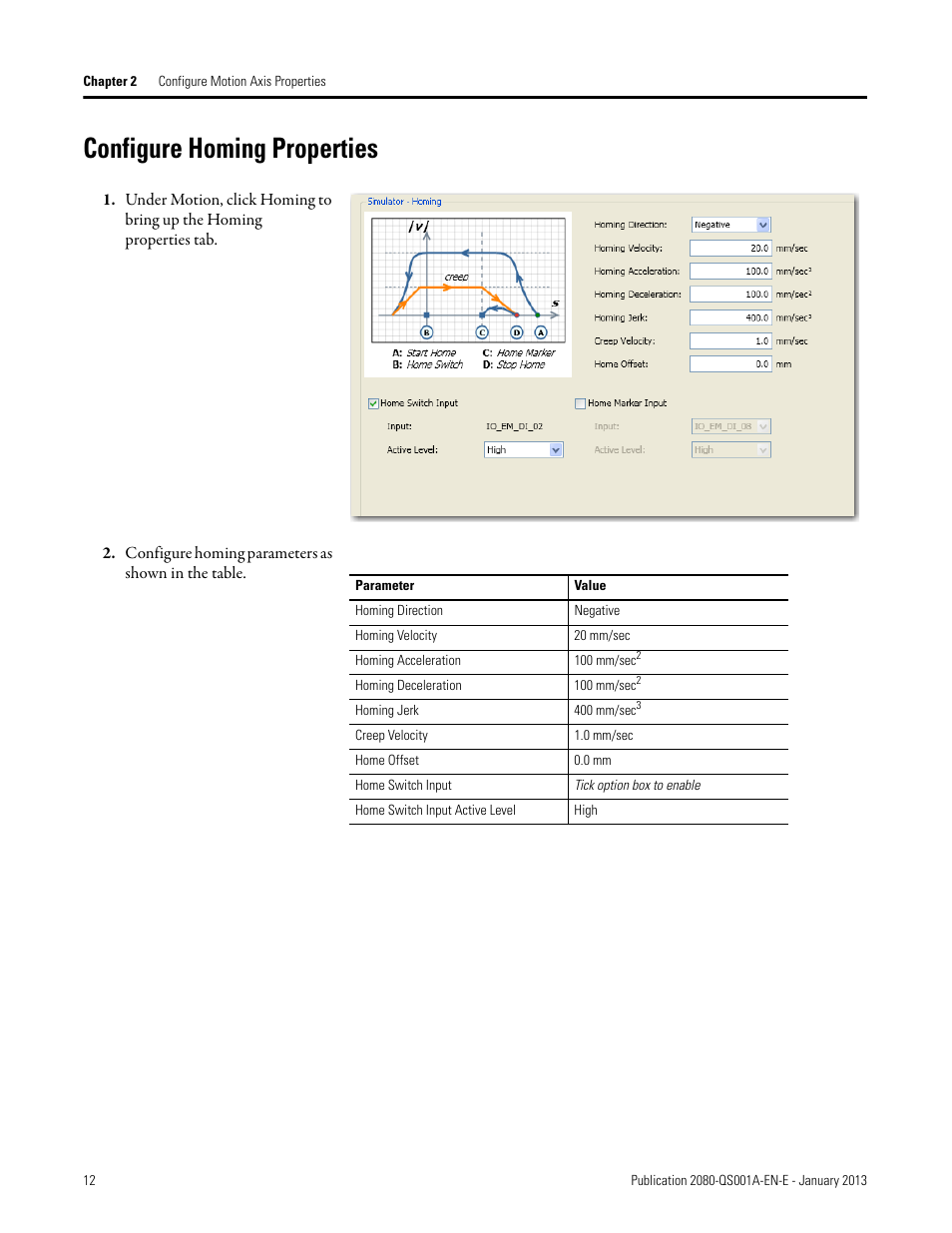 Configure homing properties, Configure homing parameters as shown in the table | Rockwell Automation 2080-LC50 Getting Started with Motion Control Using a Simulated Axis User Manual | Page 22 / 82