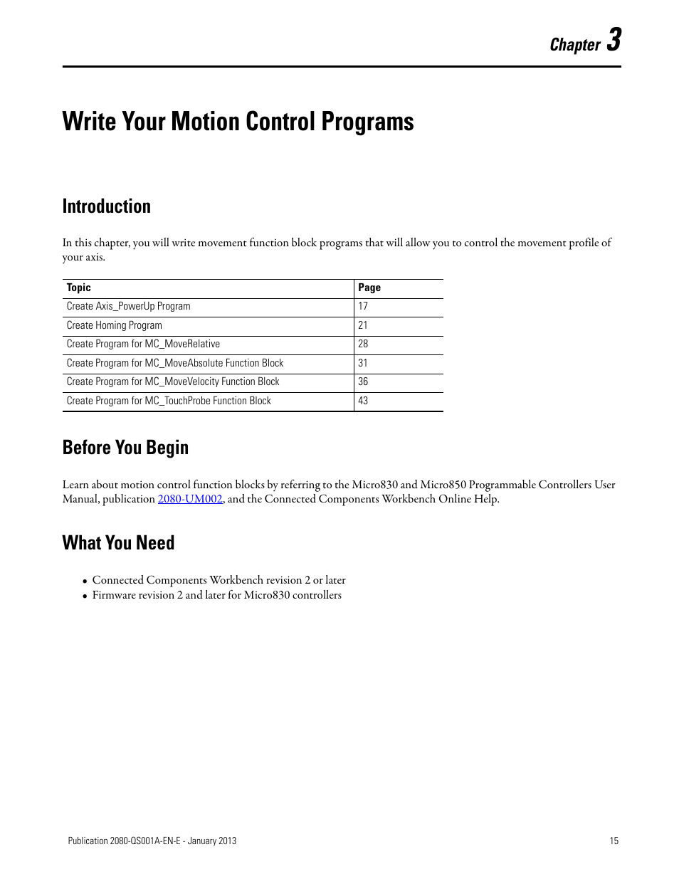 3 – write your motion control programs, Write your motion control programs, Introduction | Before you begin, What you need, Chapter 3, Introduction before you begin what you need, Chapter | Rockwell Automation 2080-LC50 Getting Started with Motion Control Using a Simulated Axis User Manual | Page 25 / 82