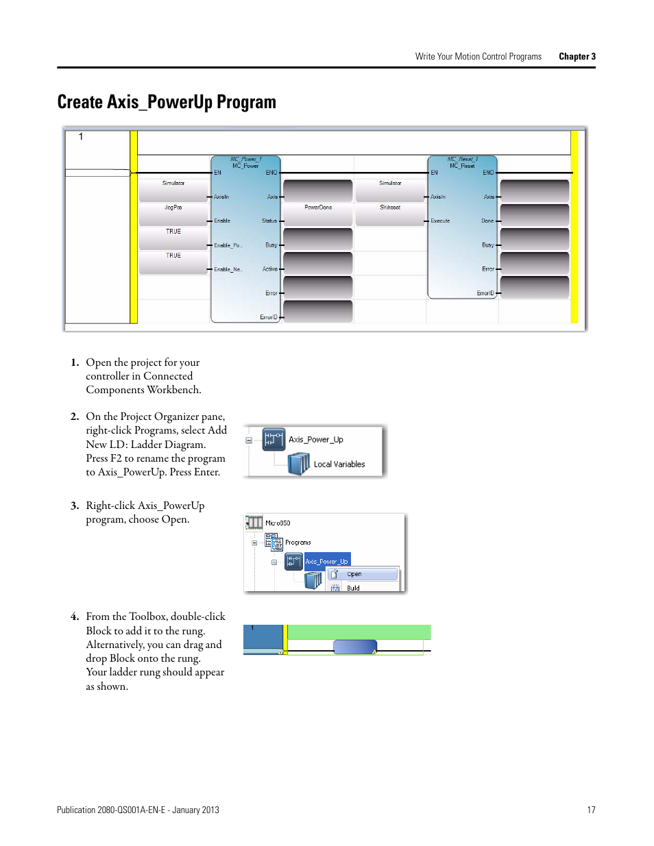 Create axis_powerup program, Right-click axis_powerup program, choose open | Rockwell Automation 2080-LC50 Getting Started with Motion Control Using a Simulated Axis User Manual | Page 27 / 82