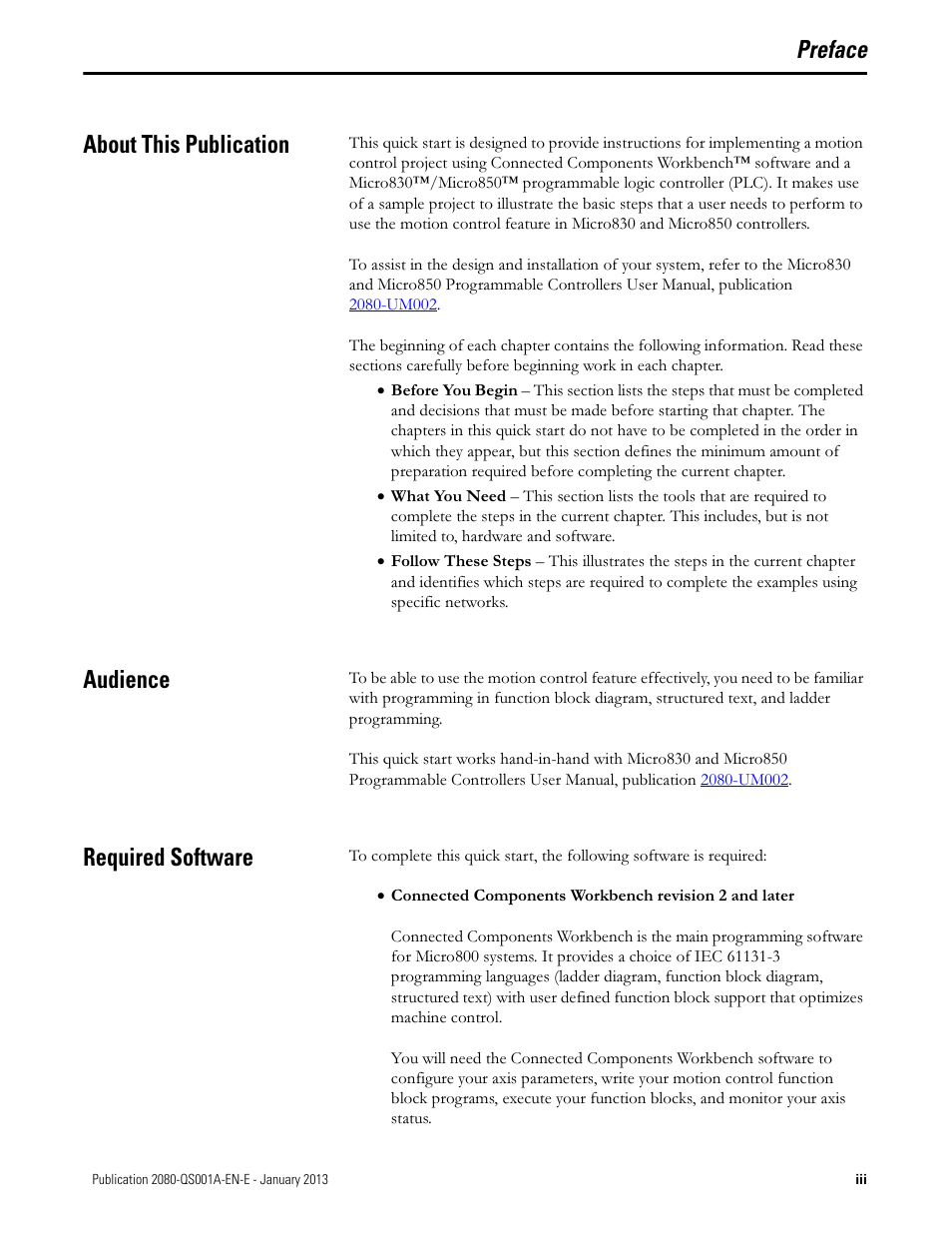 Preface, About this publication, Audience | Required software, Preface about this publication | Rockwell Automation 2080-LC50 Getting Started with Motion Control Using a Simulated Axis User Manual | Page 3 / 82