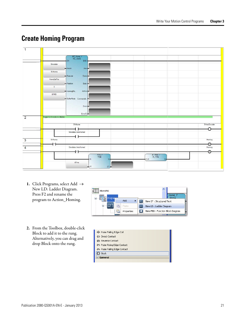 Create homing program | Rockwell Automation 2080-LC50 Getting Started with Motion Control Using a Simulated Axis User Manual | Page 31 / 82