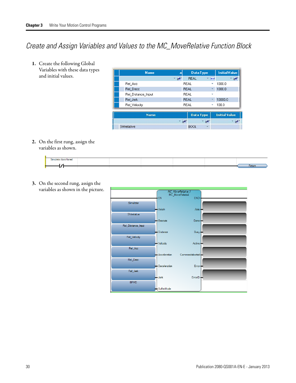 On the first rung, assign the variables as shown | Rockwell Automation 2080-LC50 Getting Started with Motion Control Using a Simulated Axis User Manual | Page 40 / 82