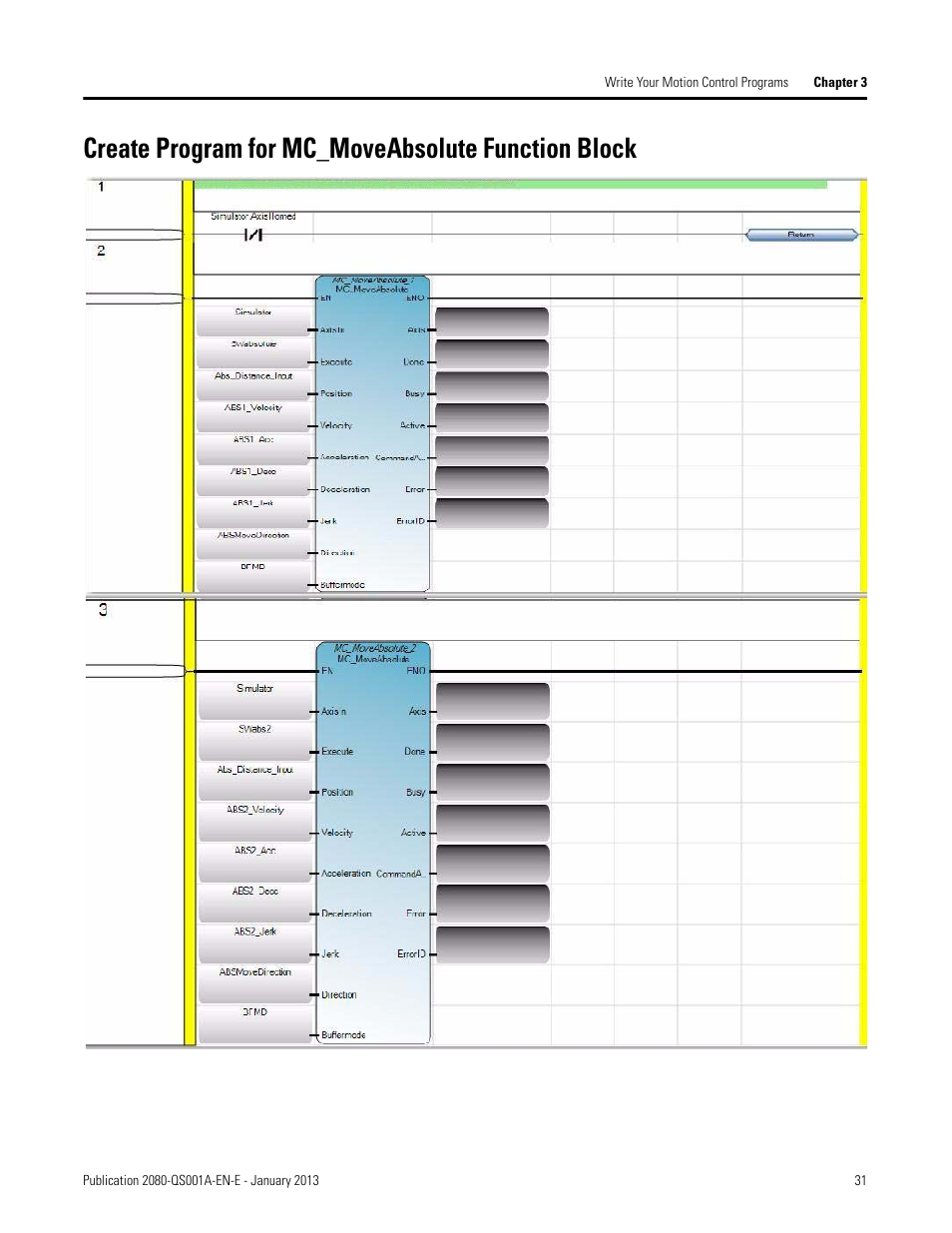 Create program for mc_moveabsolute function block | Rockwell Automation 2080-LC50 Getting Started with Motion Control Using a Simulated Axis User Manual | Page 41 / 82