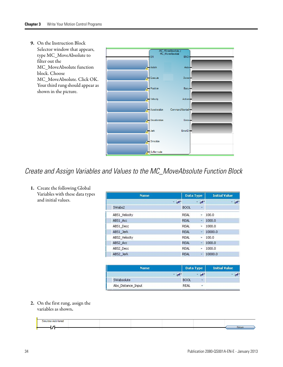 On the first rung, assign the variables as shown | Rockwell Automation 2080-LC50 Getting Started with Motion Control Using a Simulated Axis User Manual | Page 44 / 82