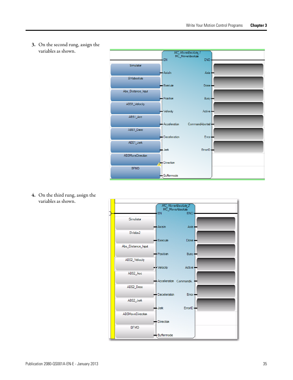 On the second rung, assign the variables as shown, On the third rung, assign the variables as shown | Rockwell Automation 2080-LC50 Getting Started with Motion Control Using a Simulated Axis User Manual | Page 45 / 82