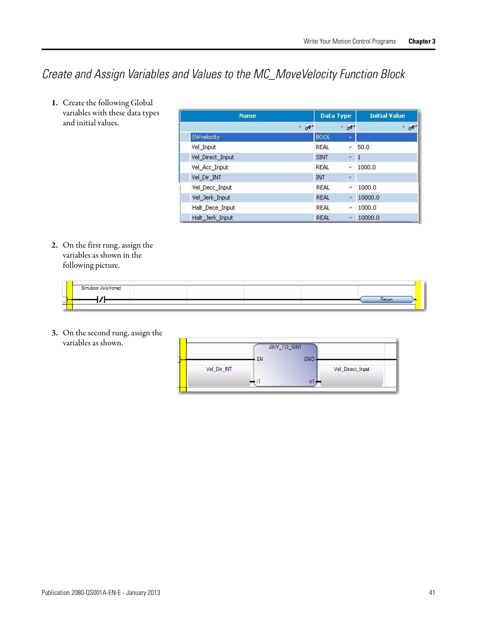 On the second rung, assign the variables as shown | Rockwell Automation 2080-LC50 Getting Started with Motion Control Using a Simulated Axis User Manual | Page 51 / 82