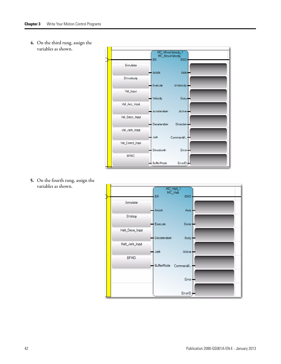 On the third rung, assign the variables as shown, On the fourth rung, assign the variables as shown | Rockwell Automation 2080-LC50 Getting Started with Motion Control Using a Simulated Axis User Manual | Page 52 / 82