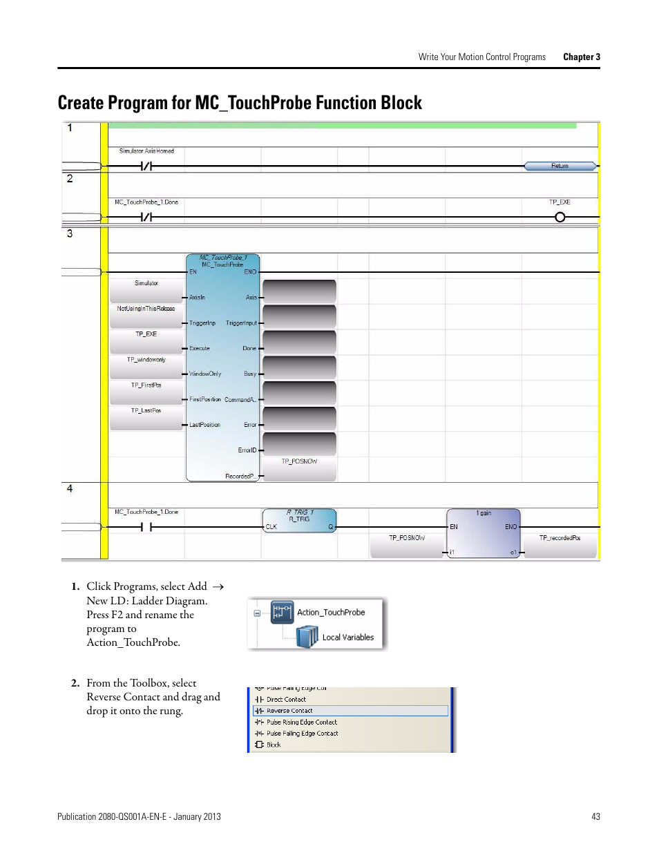 Create program for mc_touchprobe function block | Rockwell Automation 2080-LC50 Getting Started with Motion Control Using a Simulated Axis User Manual | Page 53 / 82