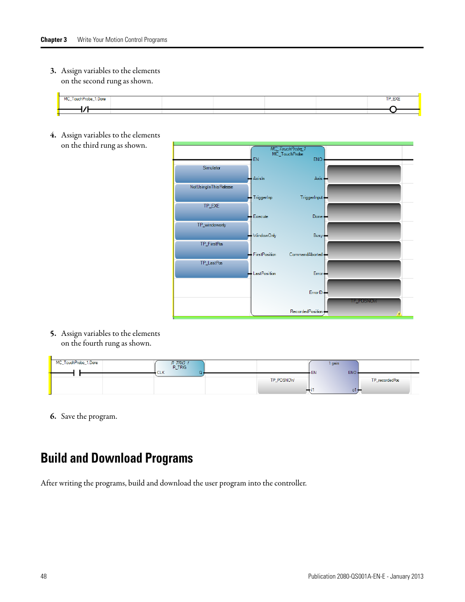 Save the program, Build and download programs | Rockwell Automation 2080-LC50 Getting Started with Motion Control Using a Simulated Axis User Manual | Page 58 / 82
