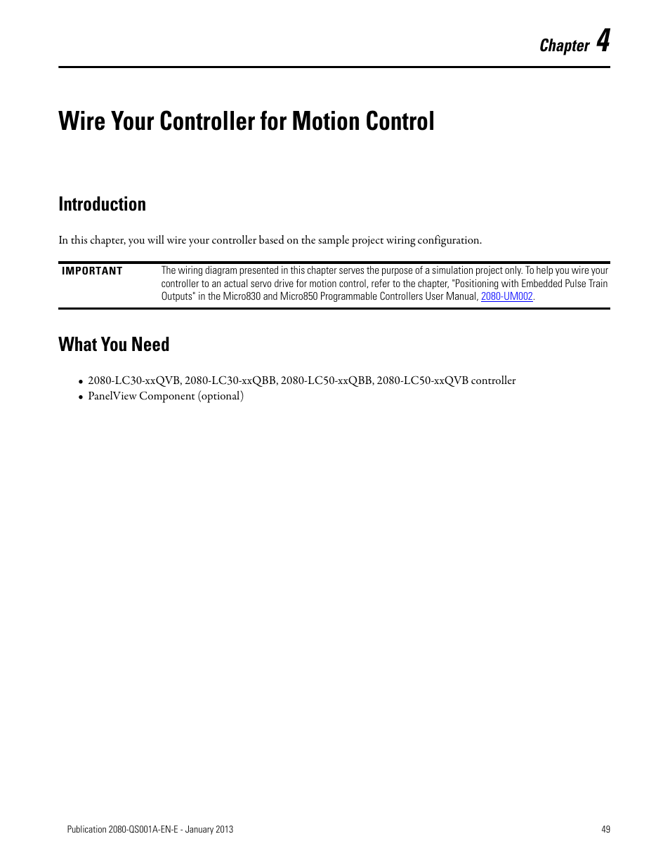 4 – wire your controller for motion control, Wire your controller for motion control, Introduction | What you need, Introduction what you need | Rockwell Automation 2080-LC50 Getting Started with Motion Control Using a Simulated Axis User Manual | Page 59 / 82