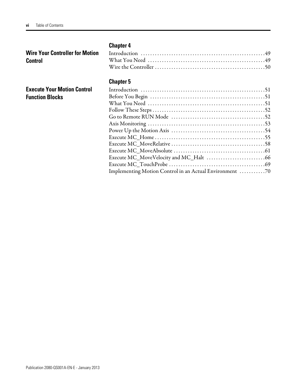 Chapter 4, Wire your controller for motion control, Chapter 5 | Execute your motion control function blocks | Rockwell Automation 2080-LC50 Getting Started with Motion Control Using a Simulated Axis User Manual | Page 6 / 82