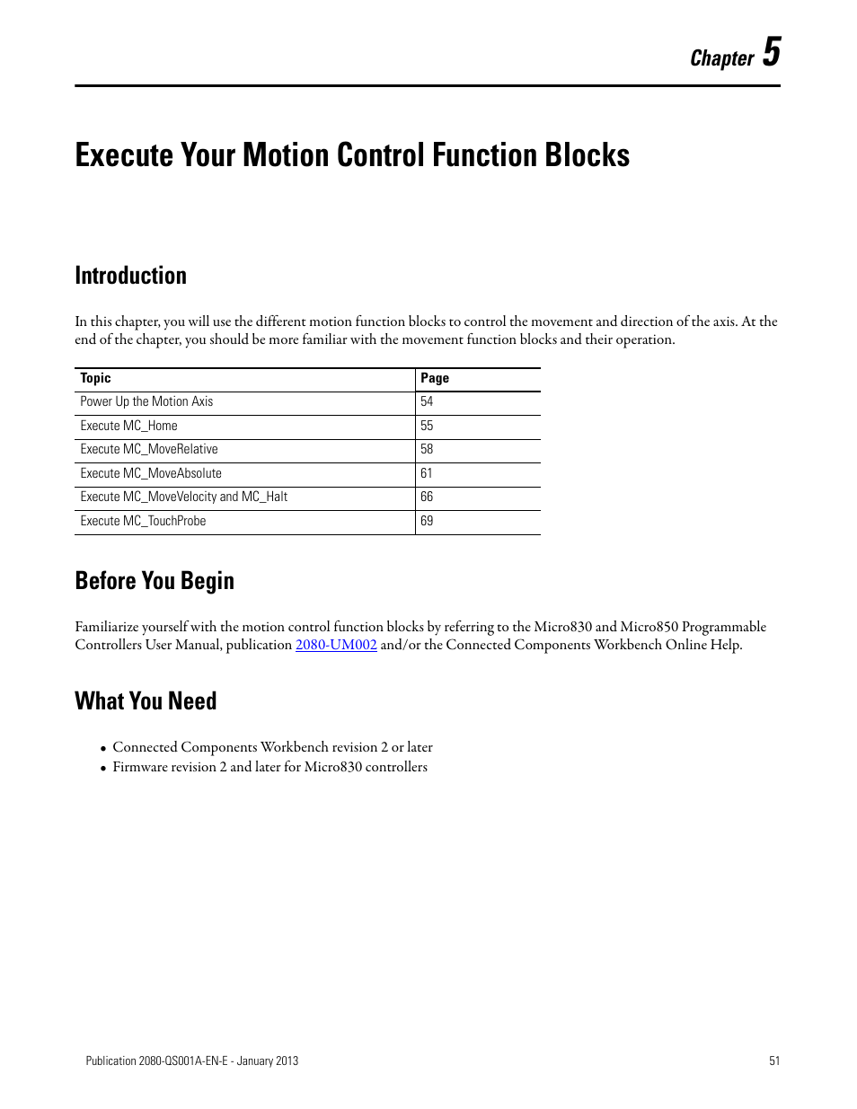 5 – execute your motion control function blocks, Execute your motion control function blocks, Introduction | Before you begin, What you need, Chapter 5, Introduction before you begin what you need, Execute your motion control function, Blocks, Chapter | Rockwell Automation 2080-LC50 Getting Started with Motion Control Using a Simulated Axis User Manual | Page 61 / 82