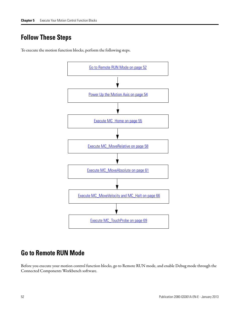 Follow these steps, Go to remote run mode, Follow these steps go to remote run mode | Rockwell Automation 2080-LC50 Getting Started with Motion Control Using a Simulated Axis User Manual | Page 62 / 82