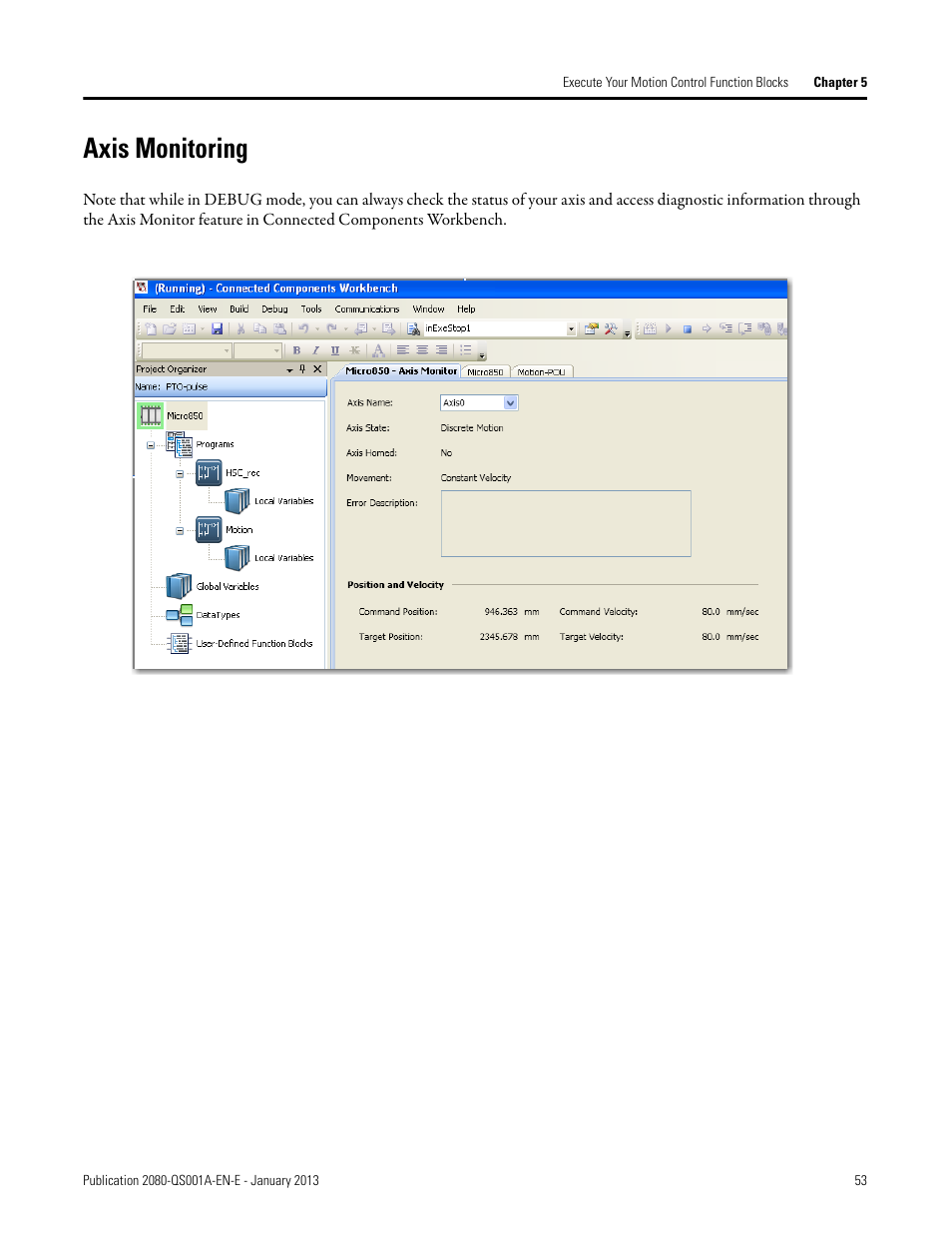 Axis monitoring | Rockwell Automation 2080-LC50 Getting Started with Motion Control Using a Simulated Axis User Manual | Page 63 / 82