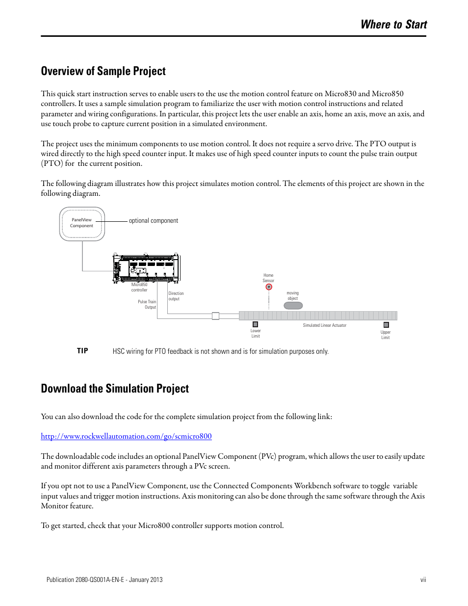 Where to start, Overview of sample project, Where to start overview of sample project | Download the simulation project | Rockwell Automation 2080-LC50 Getting Started with Motion Control Using a Simulated Axis User Manual | Page 7 / 82