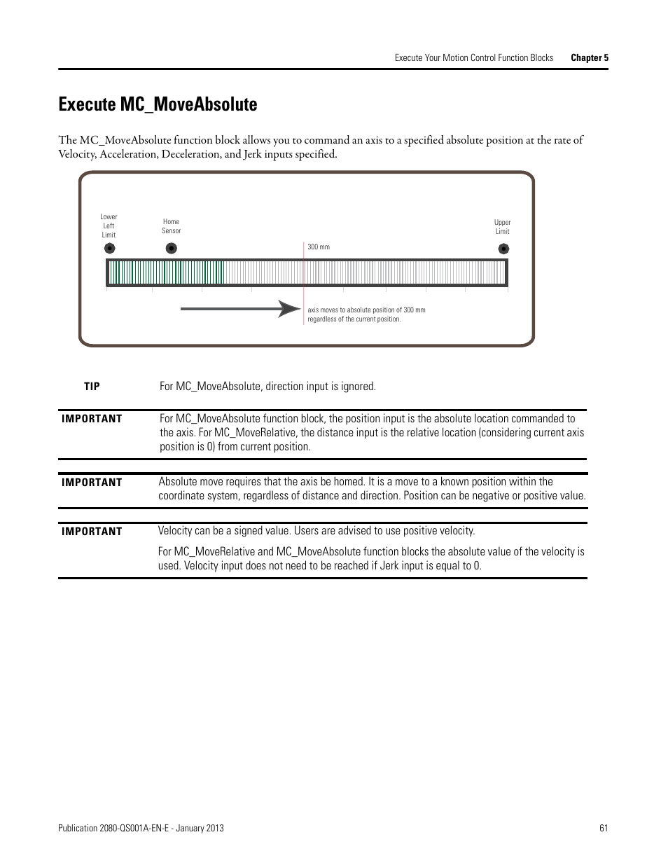 Execute mc_moveabsolute, For mc_moveabsolute, direction input is ignored | Rockwell Automation 2080-LC50 Getting Started with Motion Control Using a Simulated Axis User Manual | Page 71 / 82