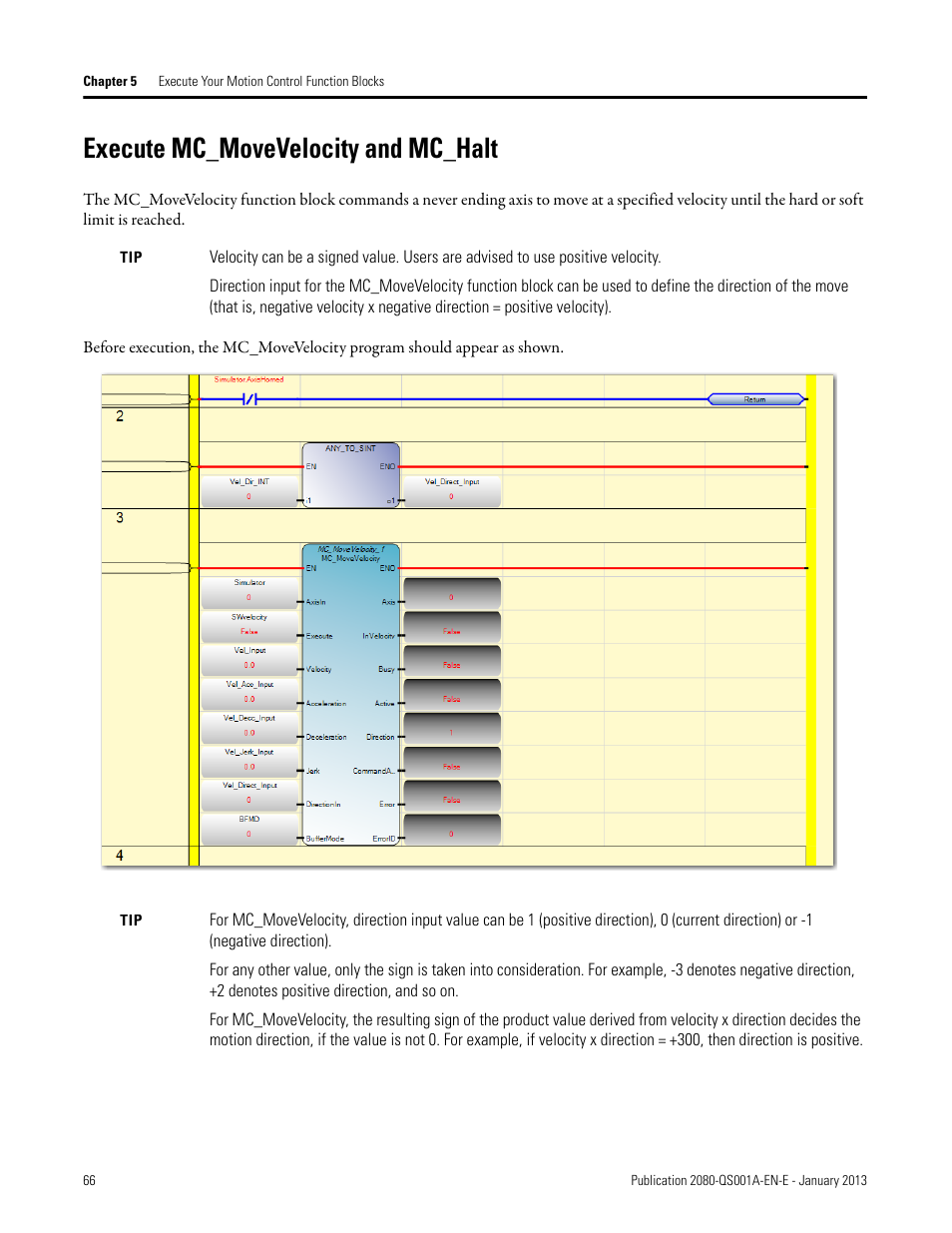 Execute mc_movevelocity and mc_halt | Rockwell Automation 2080-LC50 Getting Started with Motion Control Using a Simulated Axis User Manual | Page 76 / 82