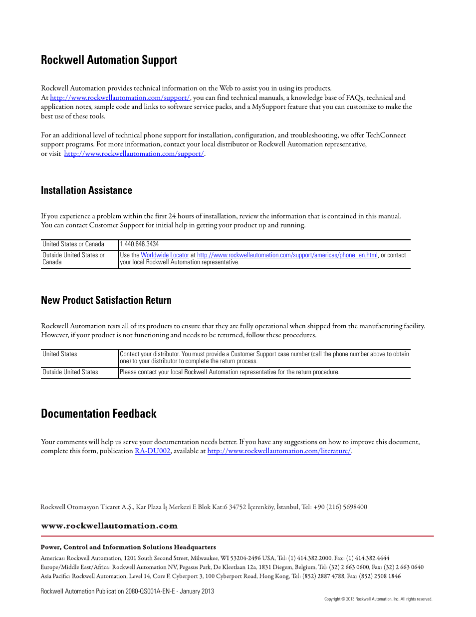 Back cover, Rockwell automation support, Documentation feedback | Installation assistance, New product satisfaction return | Rockwell Automation 2080-LC50 Getting Started with Motion Control Using a Simulated Axis User Manual | Page 82 / 82