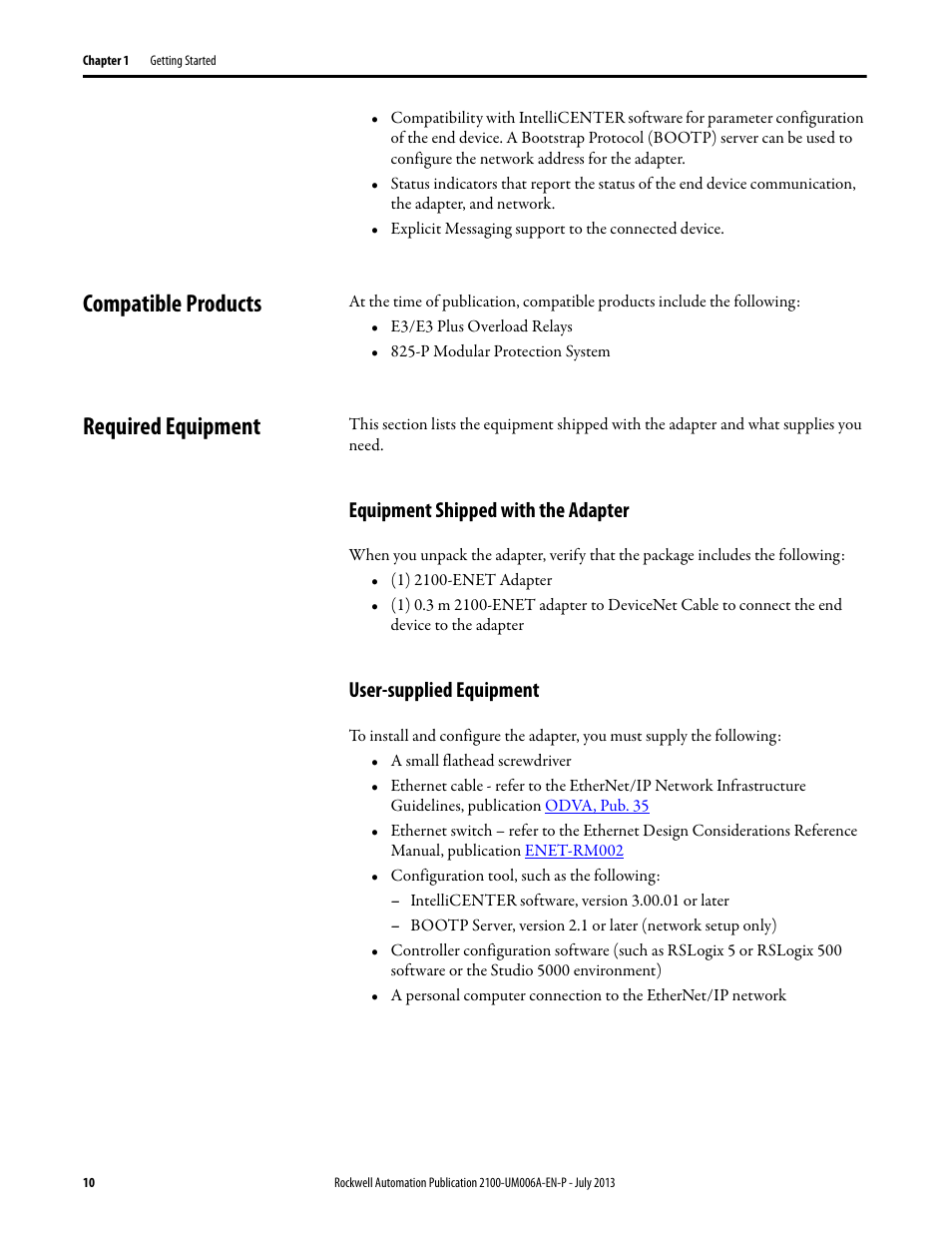 Compatible products, Required equipment, Equipment shipped with the adapter | User-supplied equipment, Compatible products required equipment | Rockwell Automation 2100-ENET CENTERLINE 2100 Motor Control Centers EtherNet/IP Network Adapter User Manual | Page 10 / 76