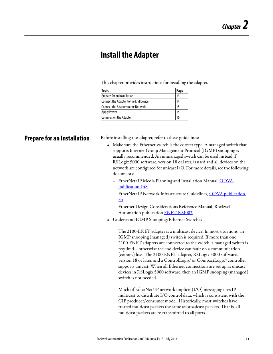 2 - install the adapter, Prepare for an installation, Chapter 2 | Install the adapter, Chapter | Rockwell Automation 2100-ENET CENTERLINE 2100 Motor Control Centers EtherNet/IP Network Adapter User Manual | Page 13 / 76