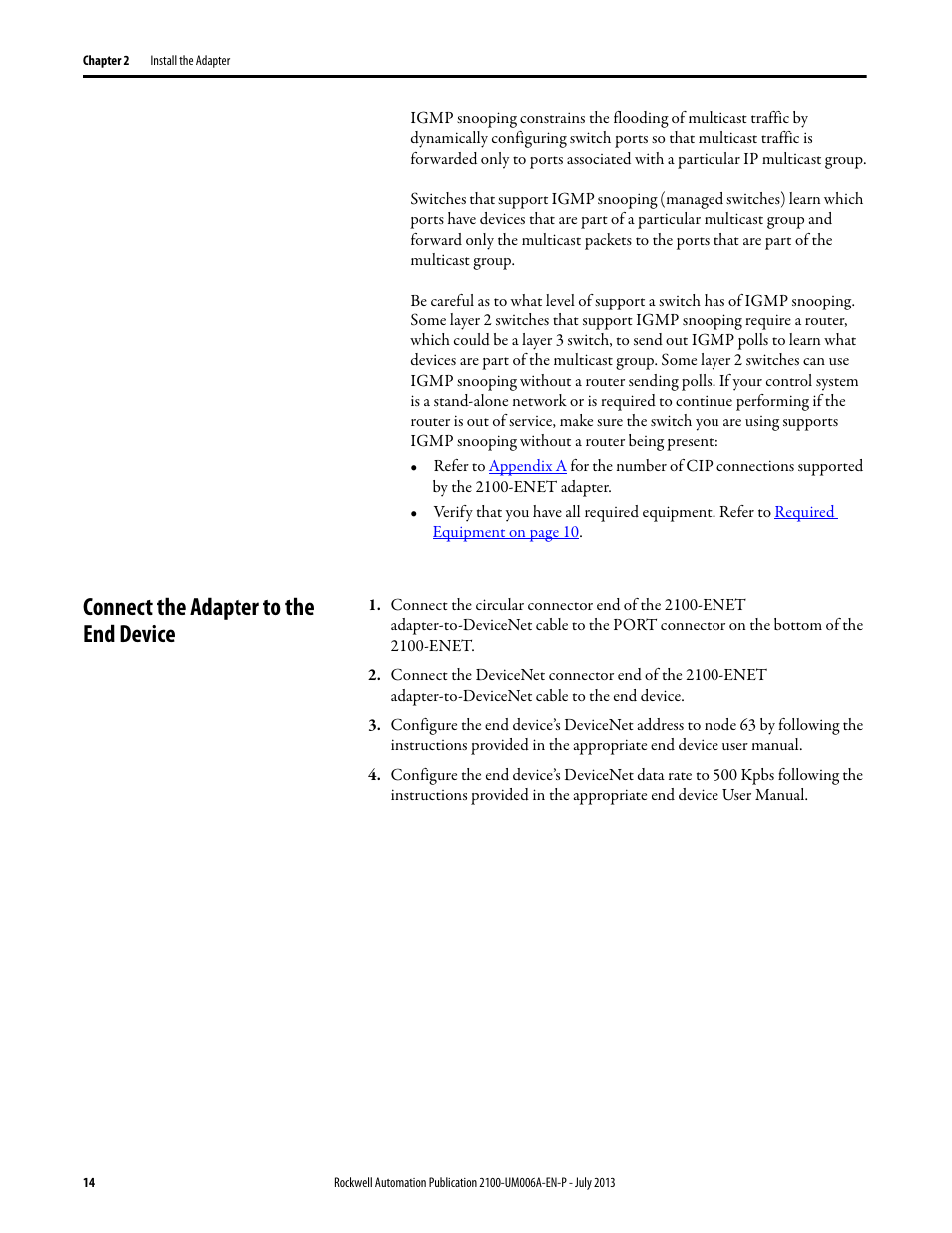 Connect the adapter to the end device | Rockwell Automation 2100-ENET CENTERLINE 2100 Motor Control Centers EtherNet/IP Network Adapter User Manual | Page 14 / 76