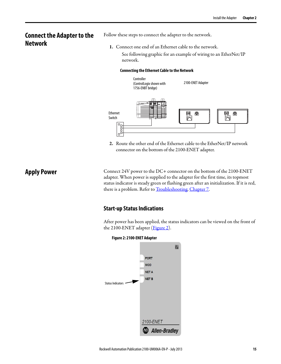 Connect the adapter to the network, Apply power, Start-up status indications | Connect the adapter to the network apply power | Rockwell Automation 2100-ENET CENTERLINE 2100 Motor Control Centers EtherNet/IP Network Adapter User Manual | Page 15 / 76
