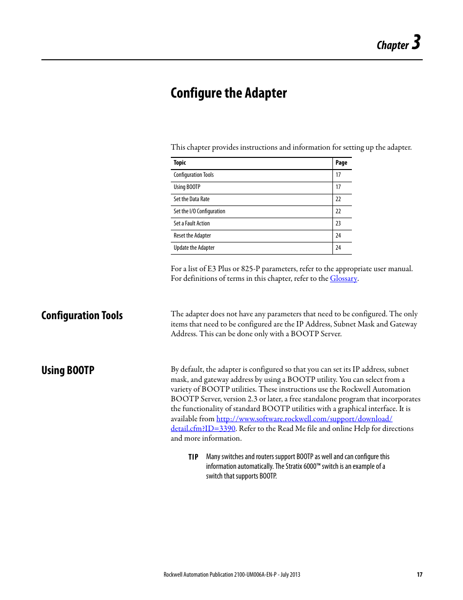 3 - configure the adapter, Configuration tools, Using bootp | Chapter 3, Configure the adapter, Configuration tools using bootp, Configure the, Adapter, Chapter | Rockwell Automation 2100-ENET CENTERLINE 2100 Motor Control Centers EtherNet/IP Network Adapter User Manual | Page 17 / 76