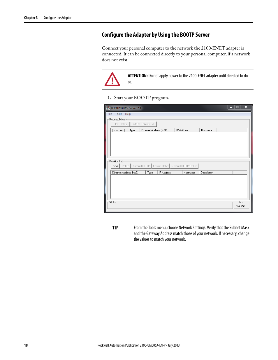 Configure the adapter by using the bootp server | Rockwell Automation 2100-ENET CENTERLINE 2100 Motor Control Centers EtherNet/IP Network Adapter User Manual | Page 18 / 76