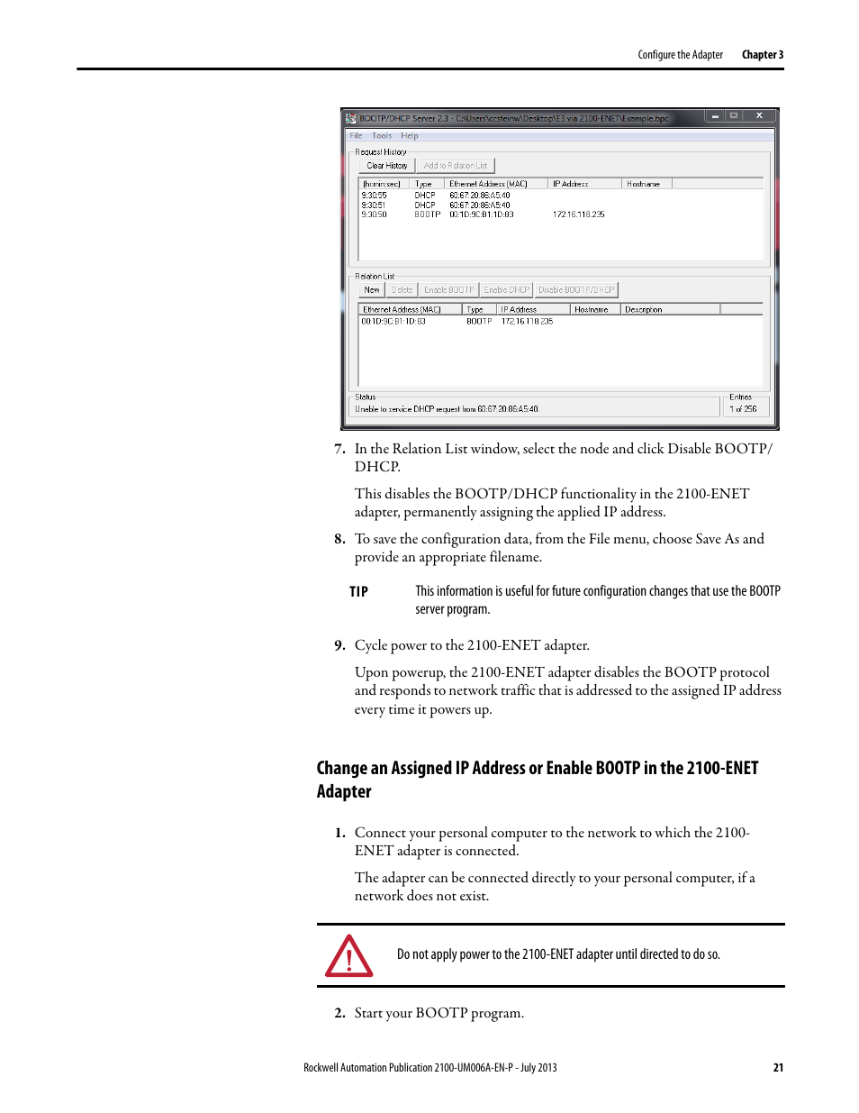 Change an assigned ip, Address or enable bootp in the 2100-enet adapter | Rockwell Automation 2100-ENET CENTERLINE 2100 Motor Control Centers EtherNet/IP Network Adapter User Manual | Page 21 / 76