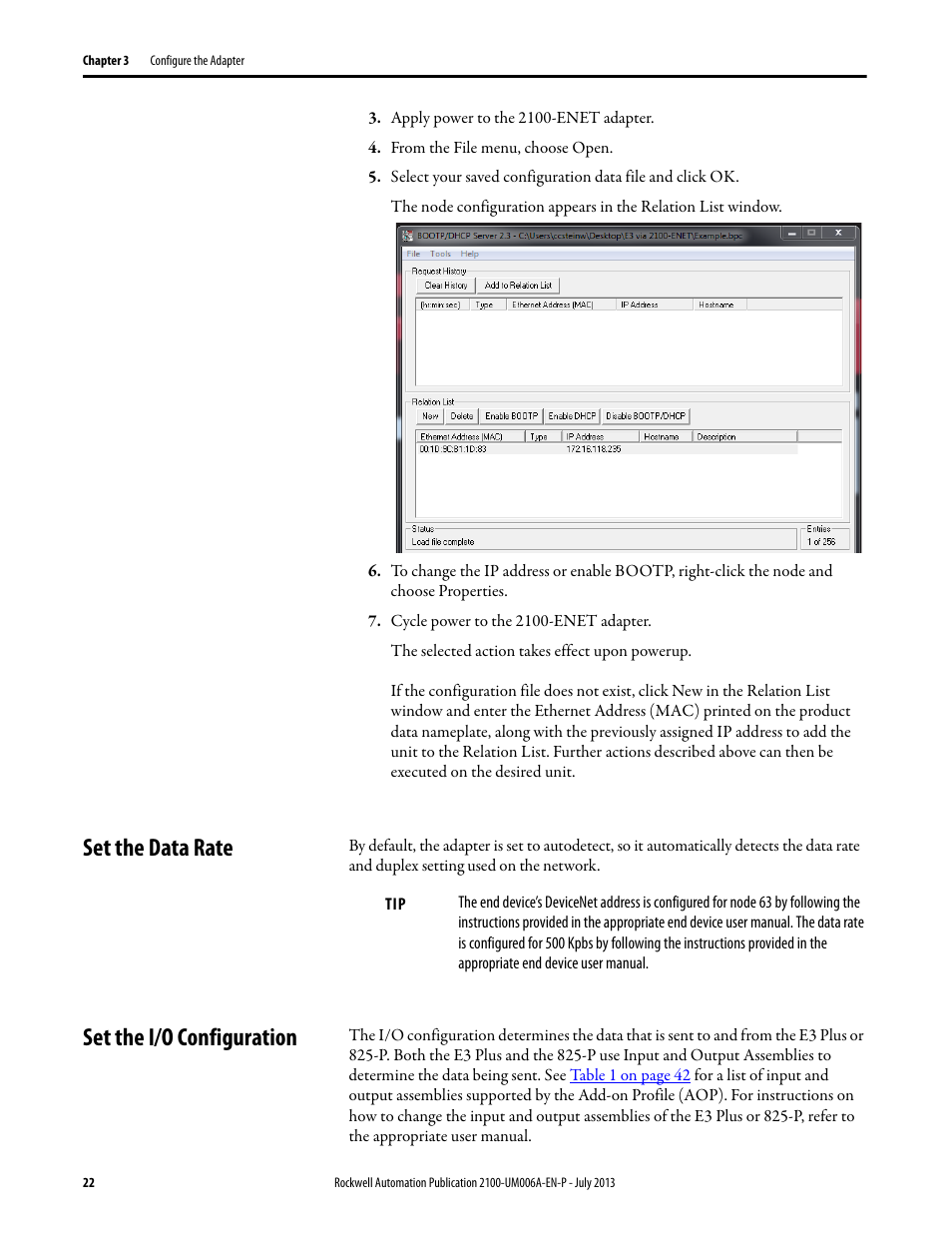 Set the data rate, Set the i/o configuration, Set the data rate set the i/o configuration | Rockwell Automation 2100-ENET CENTERLINE 2100 Motor Control Centers EtherNet/IP Network Adapter User Manual | Page 22 / 76