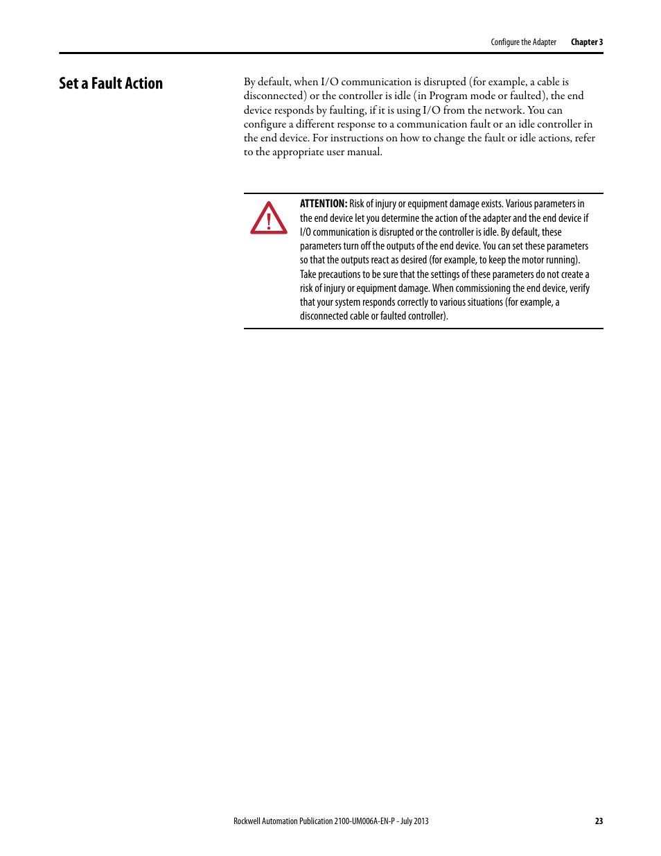 Set a fault action | Rockwell Automation 2100-ENET CENTERLINE 2100 Motor Control Centers EtherNet/IP Network Adapter User Manual | Page 23 / 76