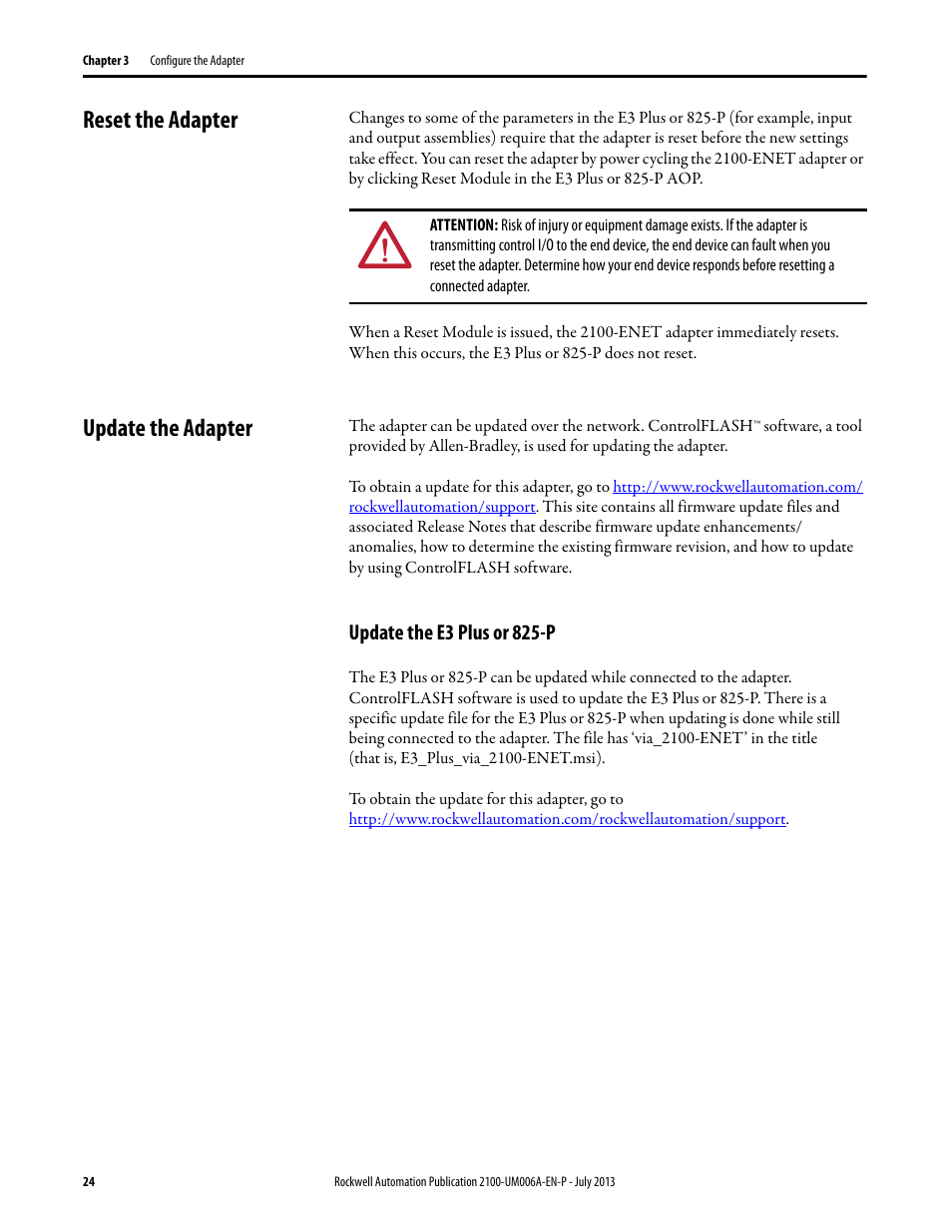 Reset the adapter, Update the adapter, Update the e3 plus or 825-p | Reset the adapter update the adapter | Rockwell Automation 2100-ENET CENTERLINE 2100 Motor Control Centers EtherNet/IP Network Adapter User Manual | Page 24 / 76